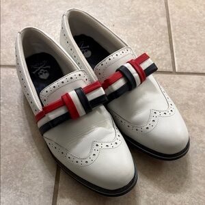 G/FORE White Loafer Golf Shoes with Red and Navy Stripes